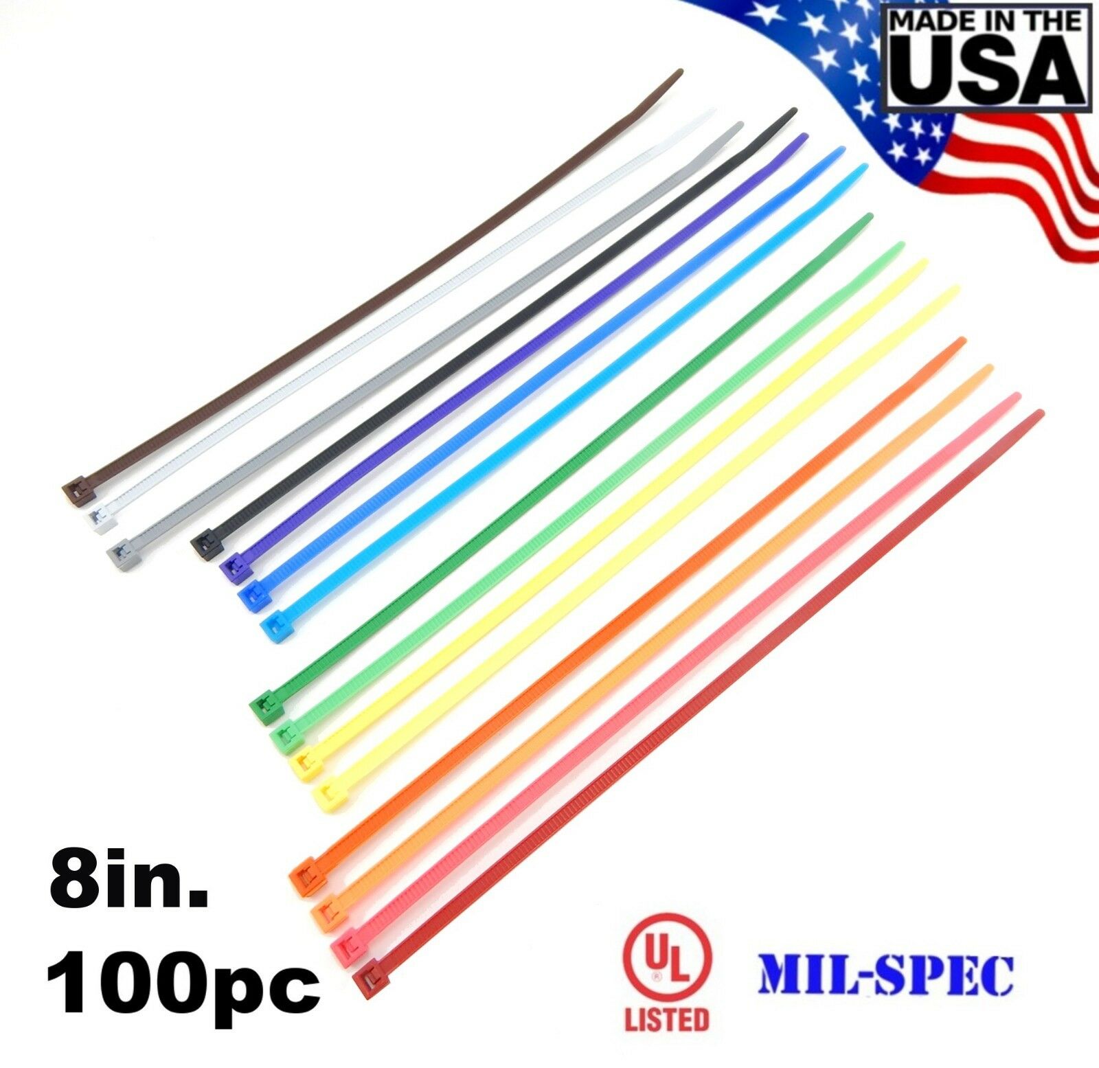 Color Zip Cable Ties 8" 40lbs 100pc Made In Usa Nylon Wire Tie Wraps