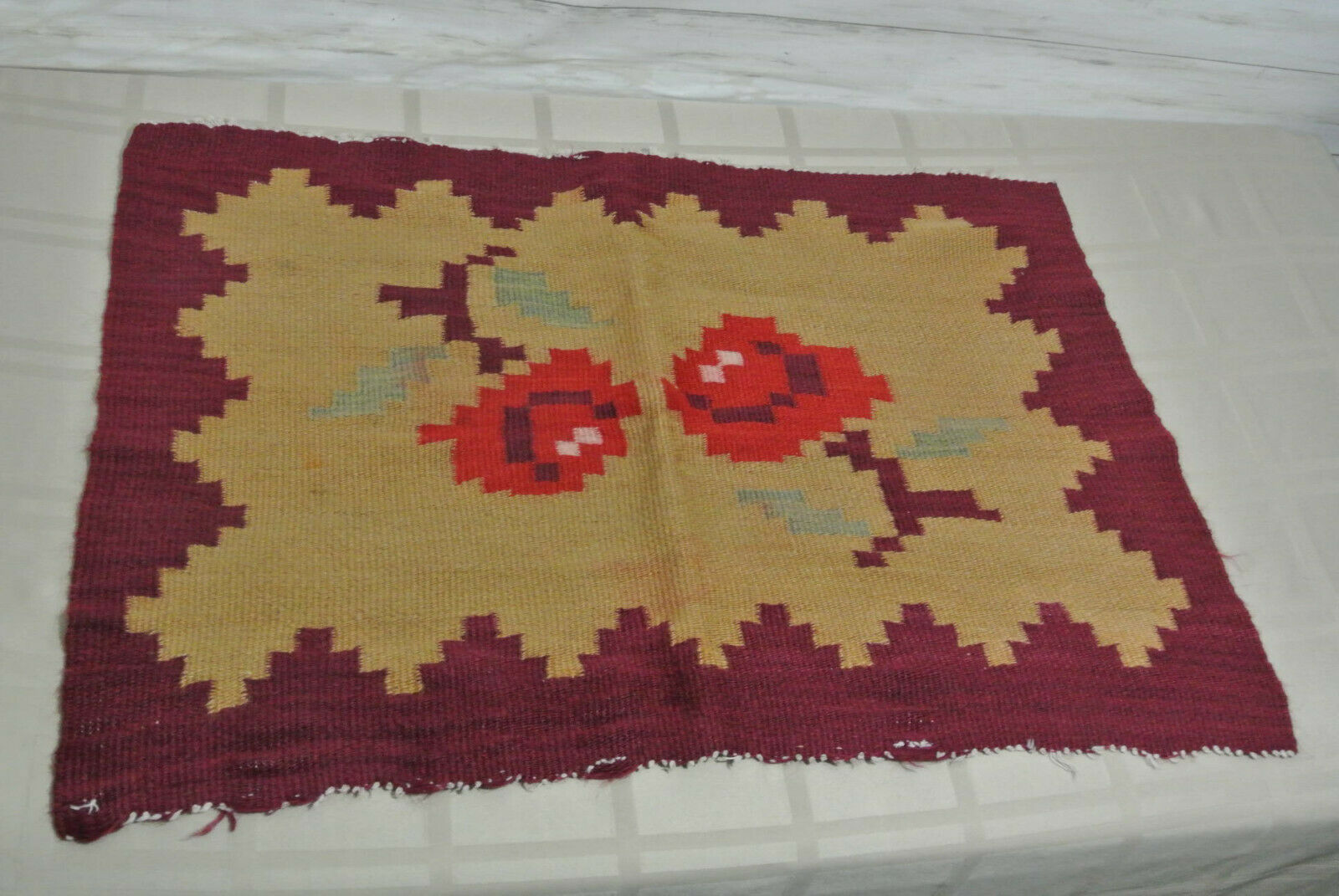 Vtg. Indian Wool Small Rug 27"x 18.5" Native American Handmade Place Sitting Mat