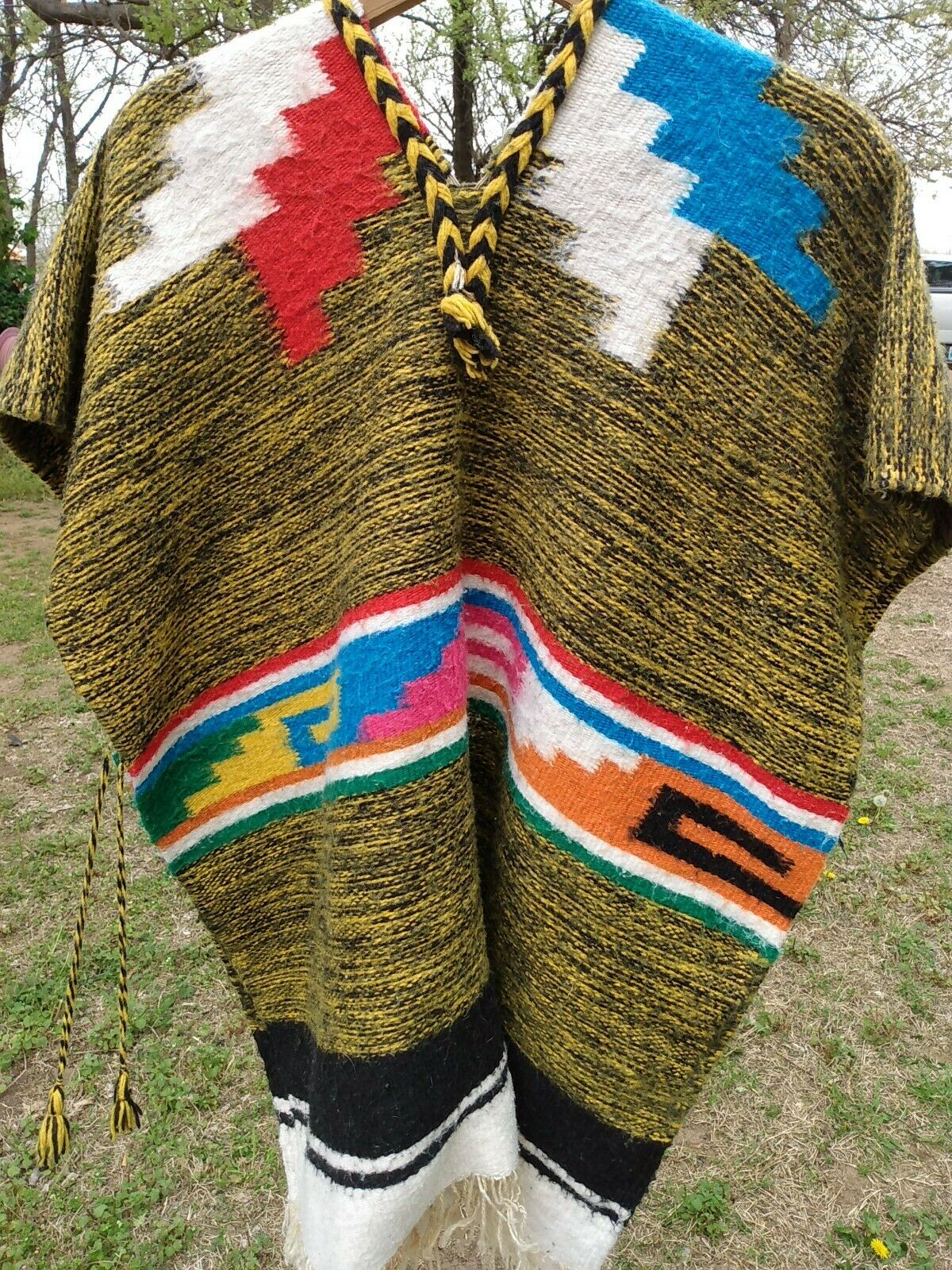 Vintage Native American Mexican Navajo Style Wool Blanket Rug Serape Poncho