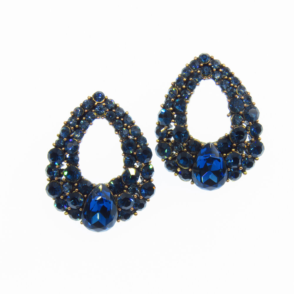 Drop Shaped Open Vtg Design Stud Earrings Repro Jewelry Blue Crystal Gold Tone