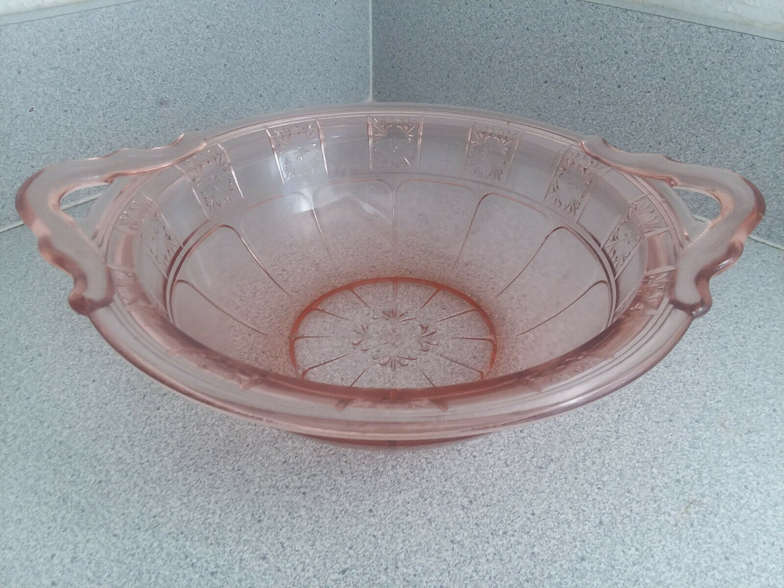 Vintage Dual Handle Pink Depression Era “doric” Glass Serving / Fruit Bowl