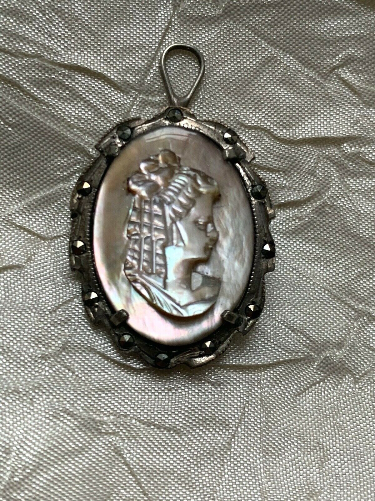 Antique French Victorian CAMEO - Mother of Pearl, Sterling Silver frame w.stones