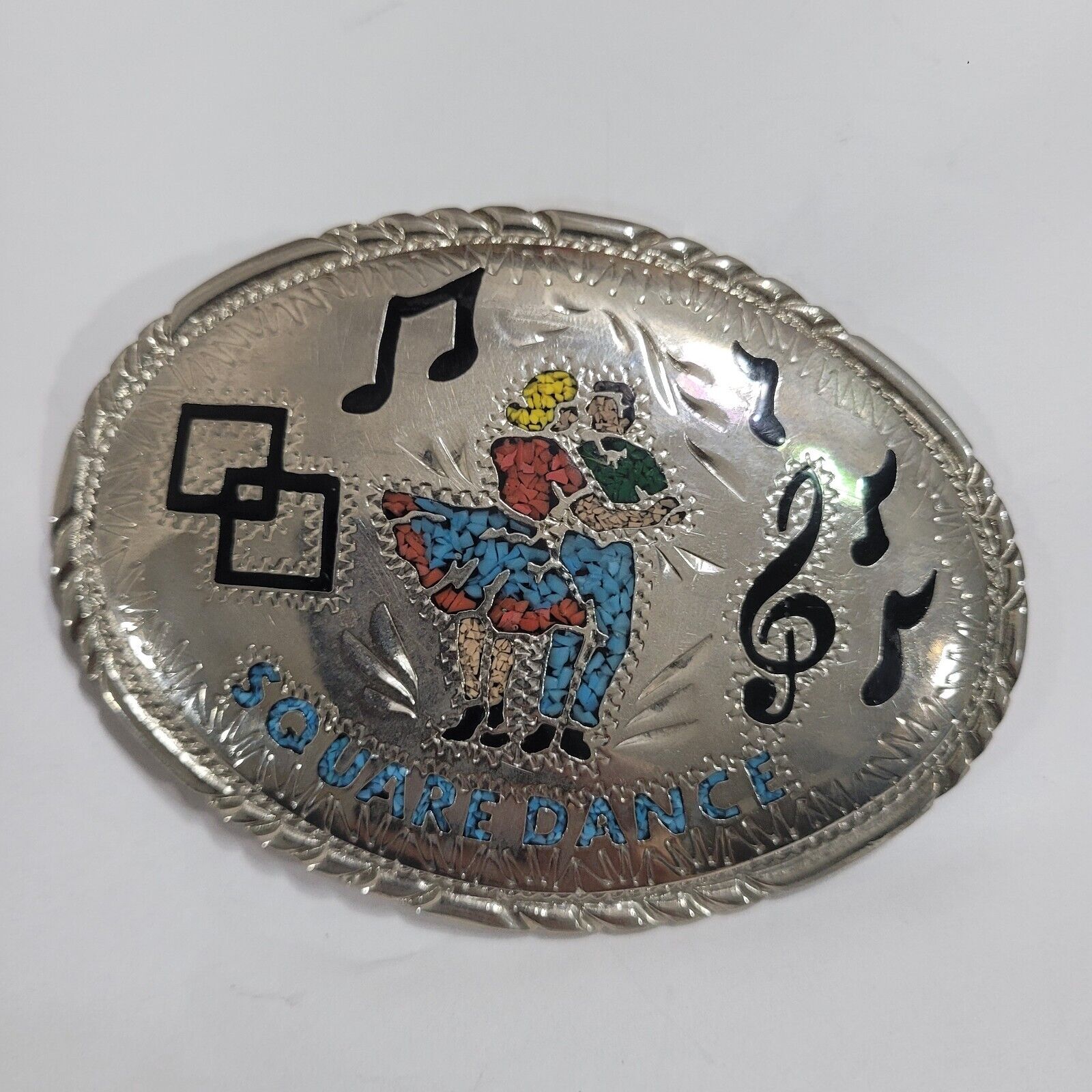 VINTAGE SSI Square Dance Belt Buckle With Multicolor INLAY cowboy America