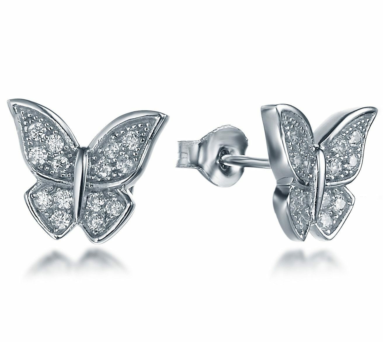 .925 Sterling Silver Cz Stone Cubic Zirconia Butterfly Earrings Studs Sse2676