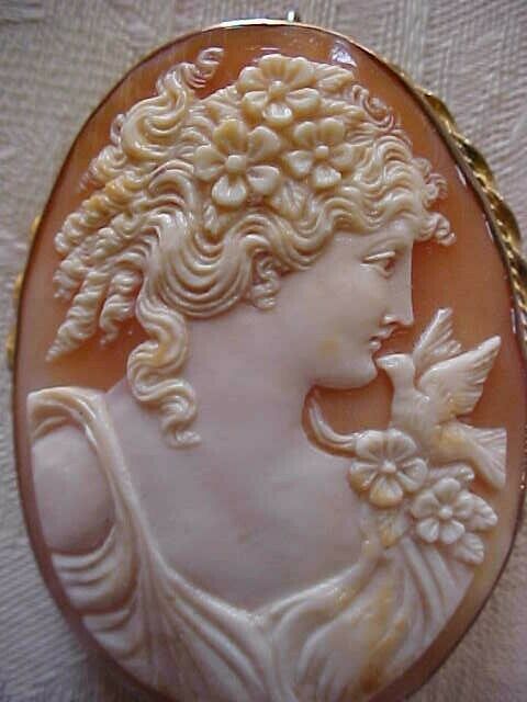 Antique Stunning  2" Shell  Cameo Brooch Pendant Beautiful Lady W Dove Signed