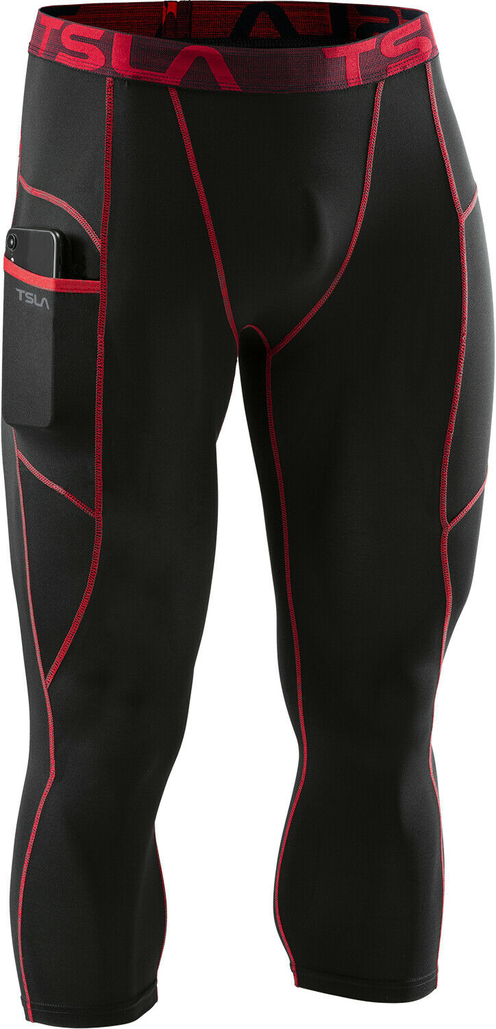 Tsla Men's 3/4 Compression Pants, Running Workout Cool Dry Capri Leggings
