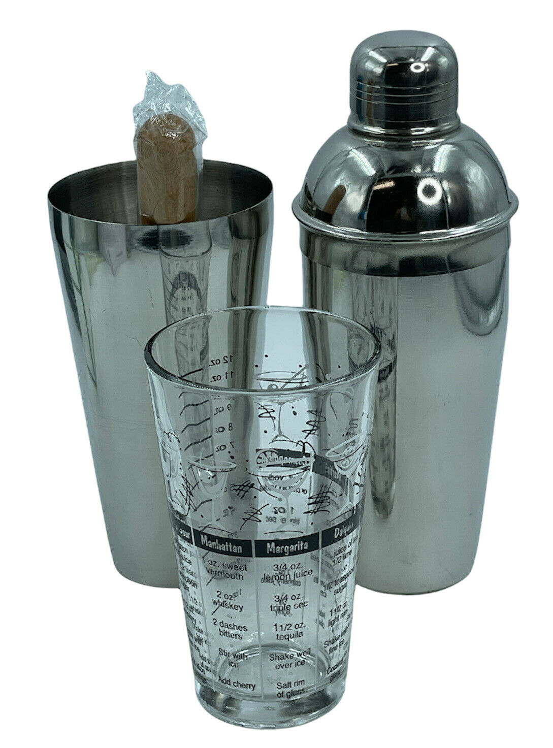 4 Pc Recipe Cocktail Bar Boston Shaker Set Mixing Glass Measuring Cup