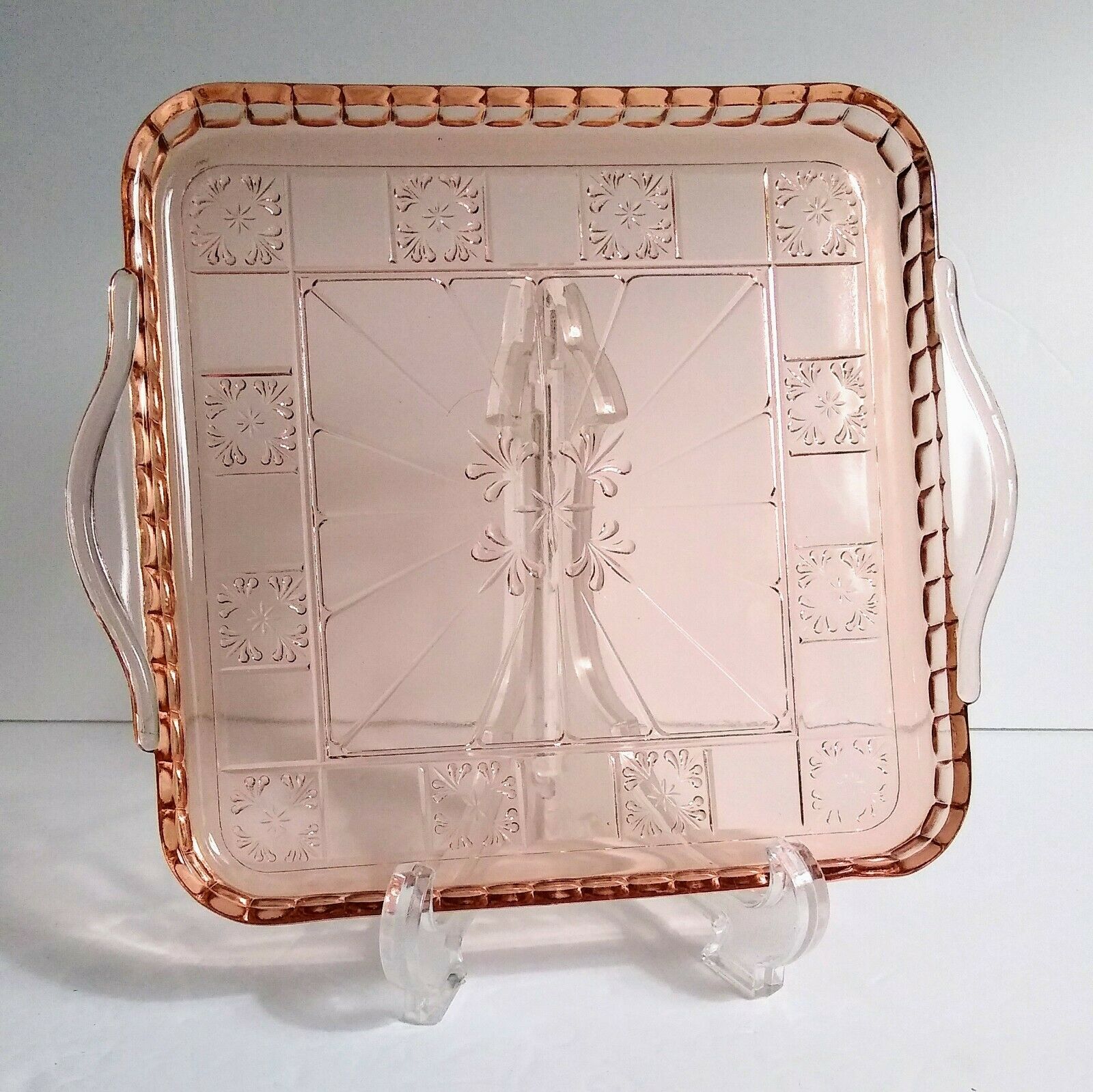 Jeanette Glass "doric" Pink Square Serving Platter/dresser Tray, Euc!