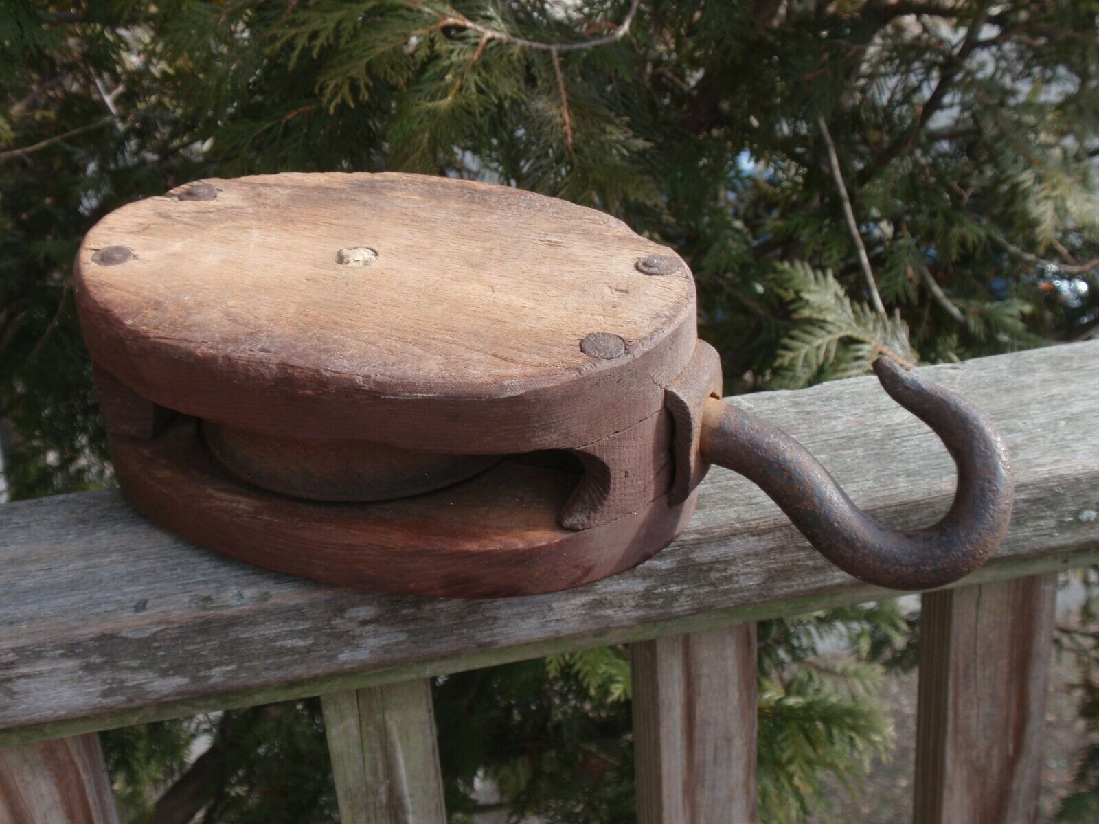 Large Antique Wooden Pulley Barn Or Marine Nautical 12 X 5.25 Inches