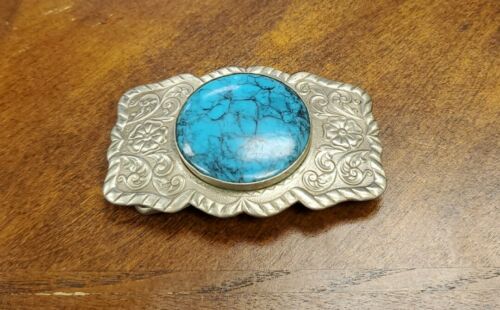 Vintage Nickel Silver Bell Belt Buckle With Turquoise  Center Stone