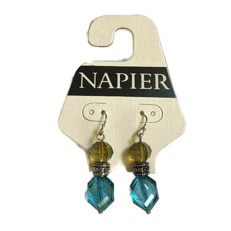 NEW Napier Pierced Earrings Pale Green Aqua Blue Silver Tone Bead Dangle Hook