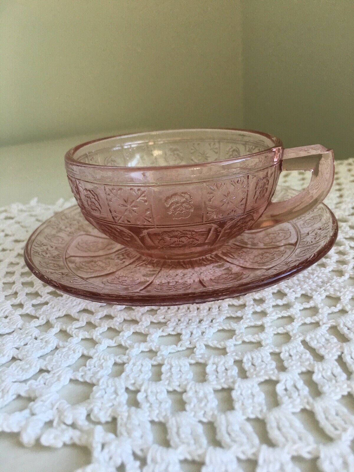 Jeannette Glass Co. Doric & Pansy Pretty Polly Pink Child's Cup & Saucer Set