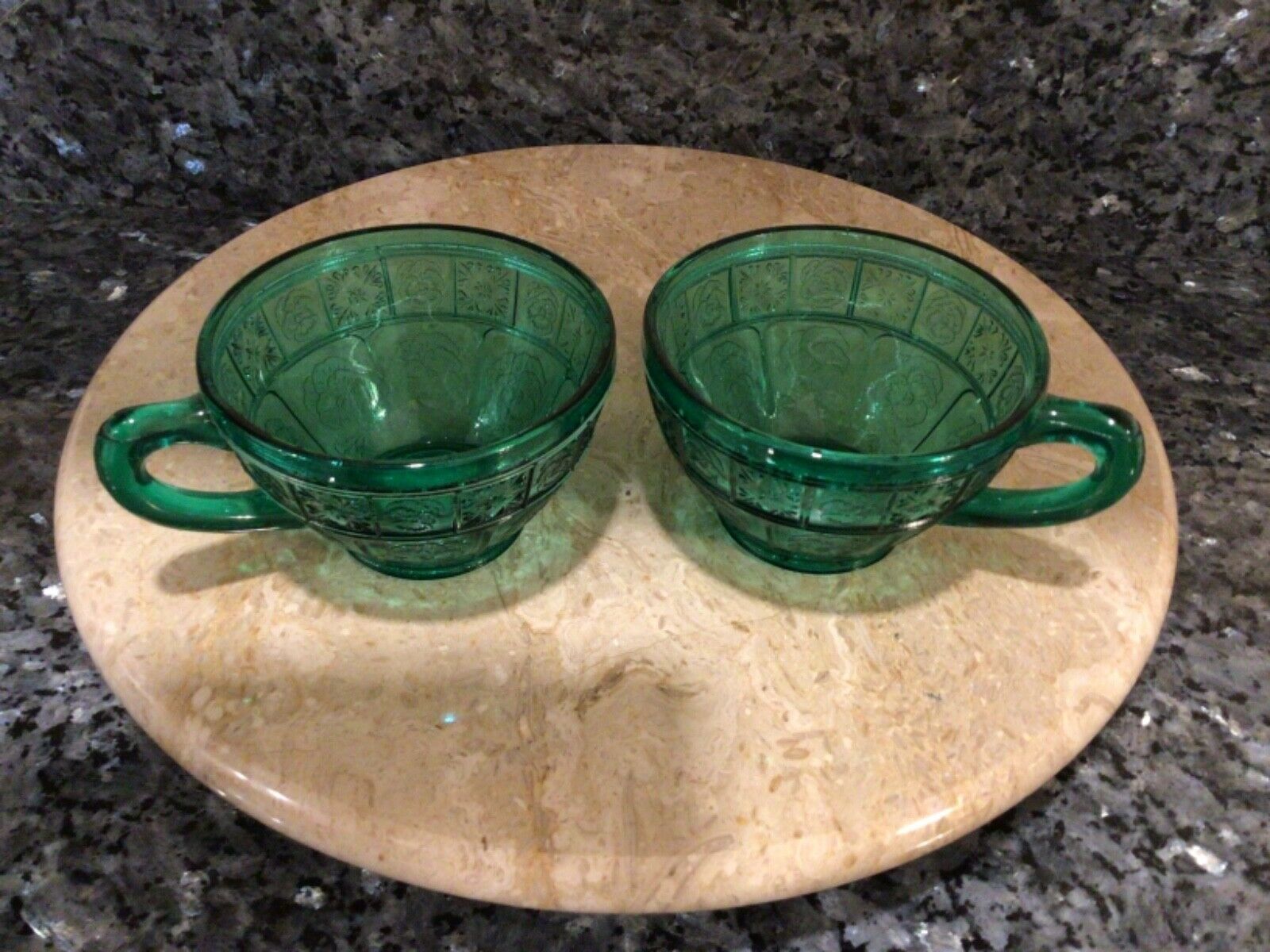 Jeannette Teal Green Ultramarine Doric & Pansy Depression Glass Teacups Set Of 2
