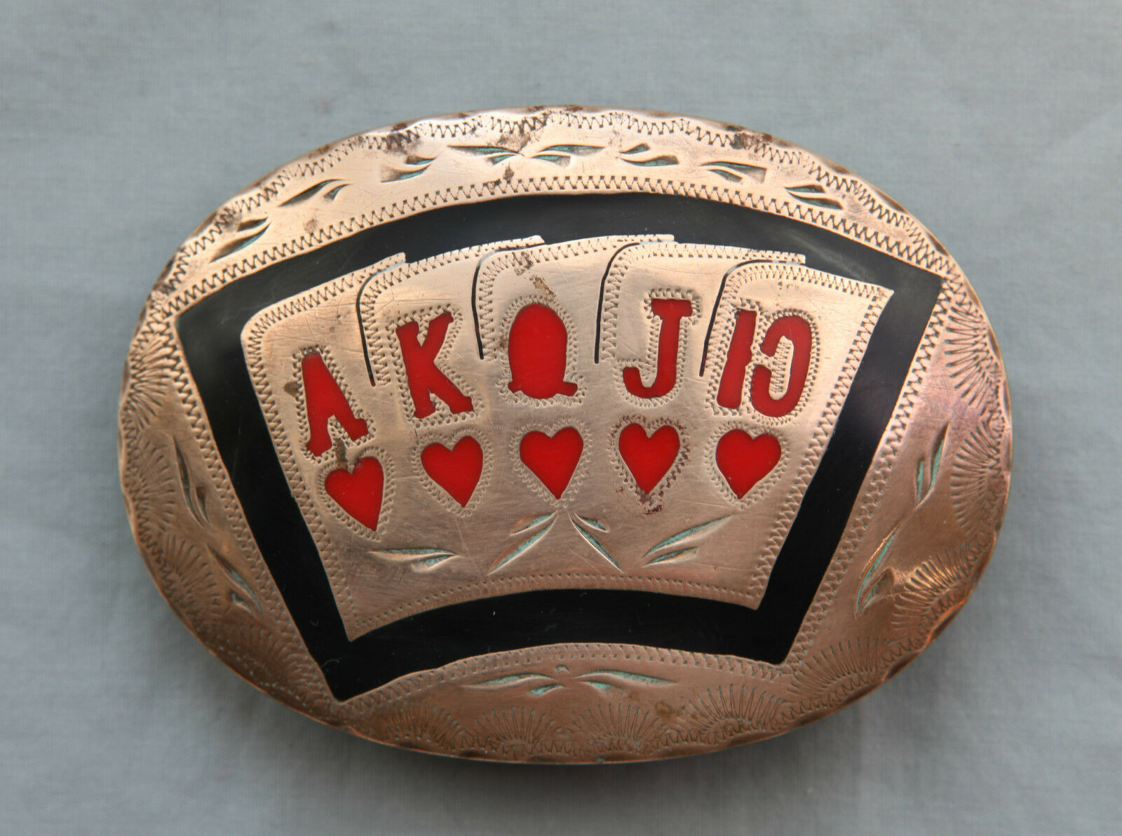 Vintage Hand Made Engraved Inlay Hearts Royal Flash Poker Western Belt Buckle